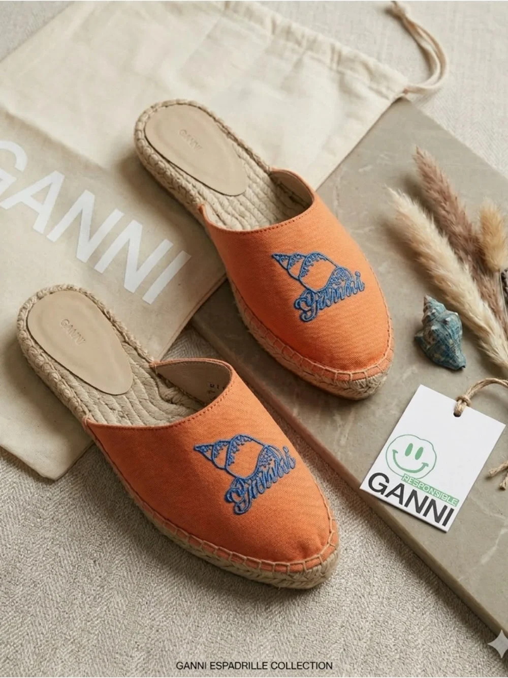 GANNI Orange Embroidered Canvas Espadrille Slippers Women’s Size 9 EU 39 NIB